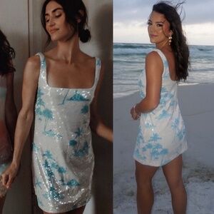 NWT Gianni Bini x DANNIJO Twiggy Sequin Palm Tree Printed Square Neck Dress Sz 8